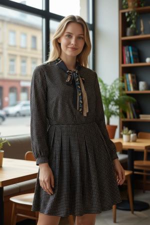 שמלת וינטג' פולקה־דוט עם עניבת צוואר