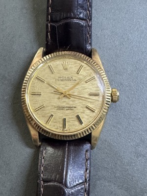 ROLEX - Oyster perpetual, gold 18k, 34mm, 60th, rare linen dial