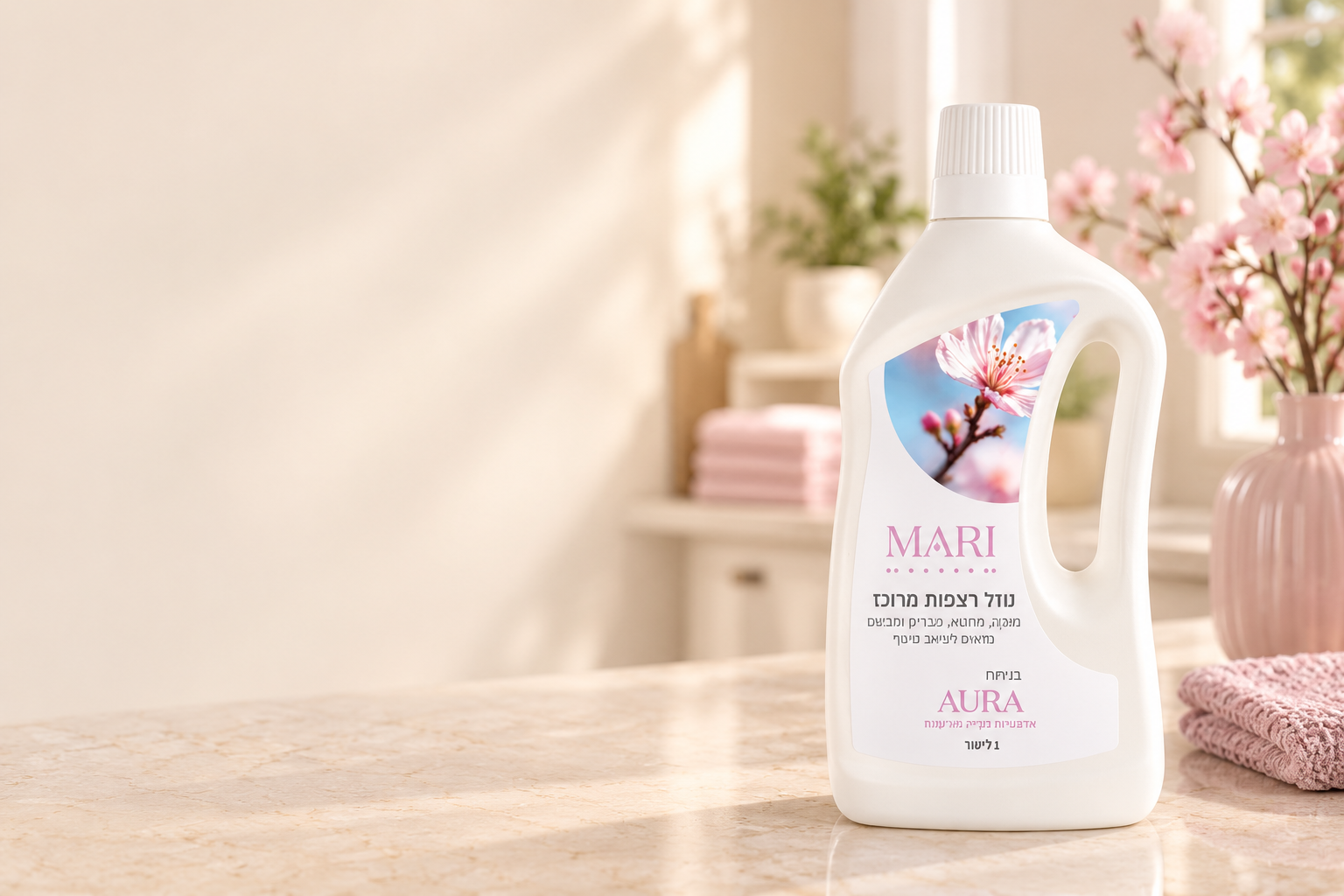 נוזל רצפות MARI Aura לצד פרחים, צילום אווירה