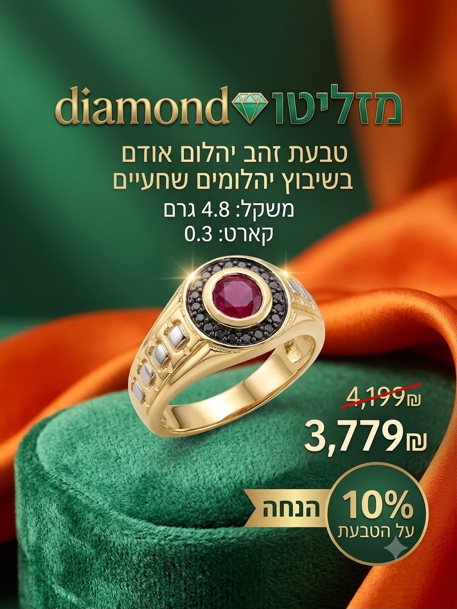 טבעת זהב עם יהלום אדום בשיבוץ יהלומים שחורים