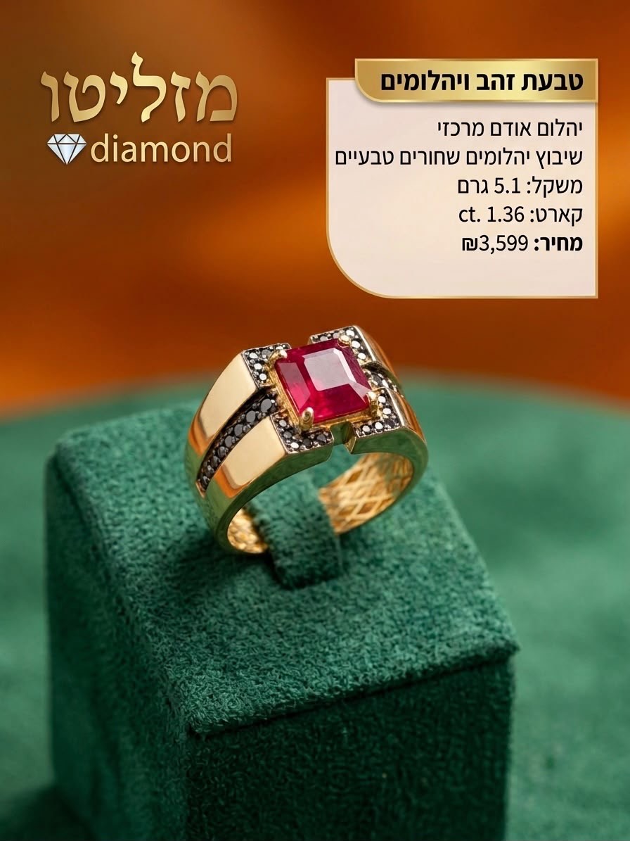 טבעת זהב עם יהלום אדום ויהלומים שחורים טבעיים