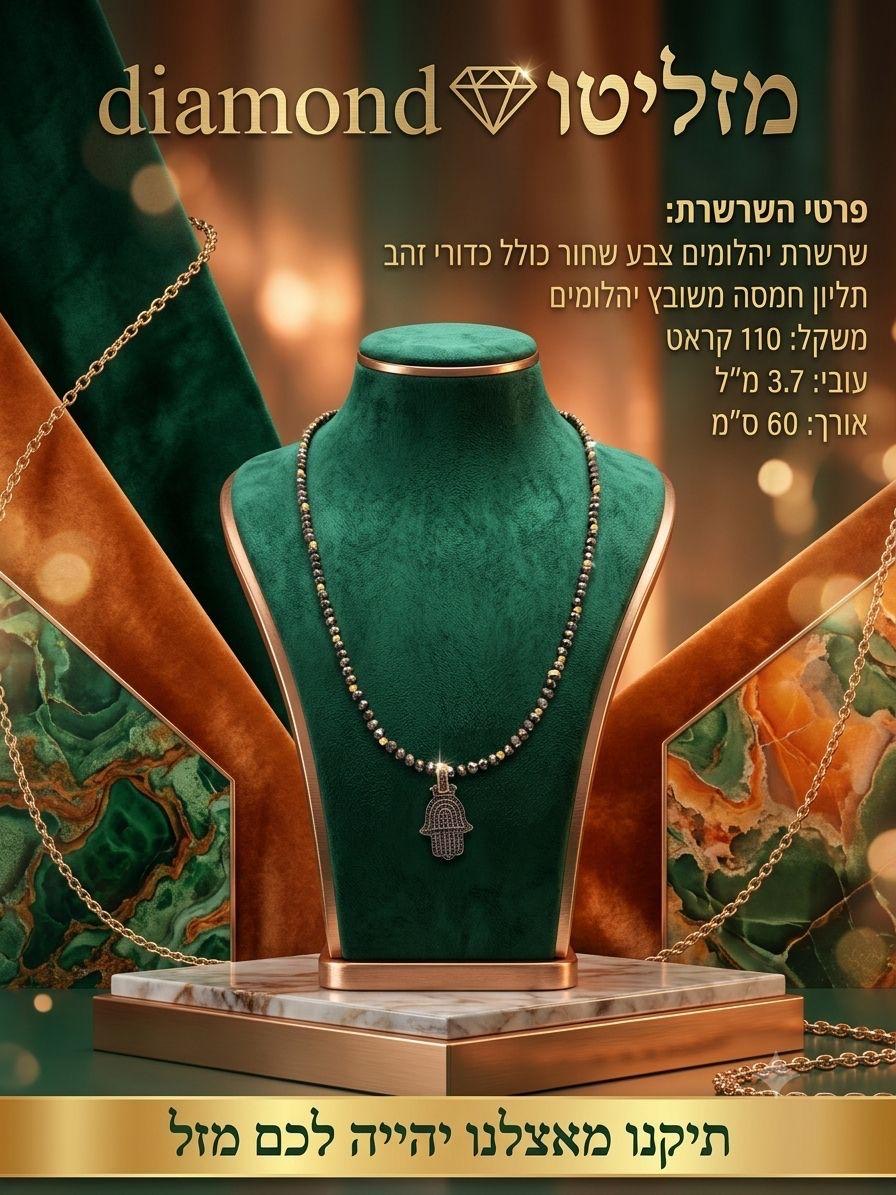שרשרת יהלומים שחורים עם תליון חמסה — מוצר תצוגה בלבד