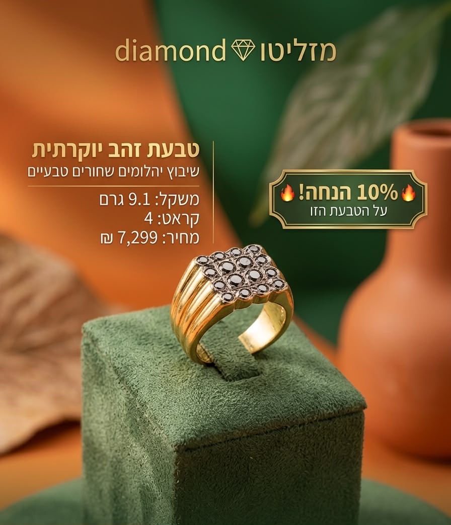 טבעת זהב יוקרתית בשיבוץ יהלומים שחורים טבעיים