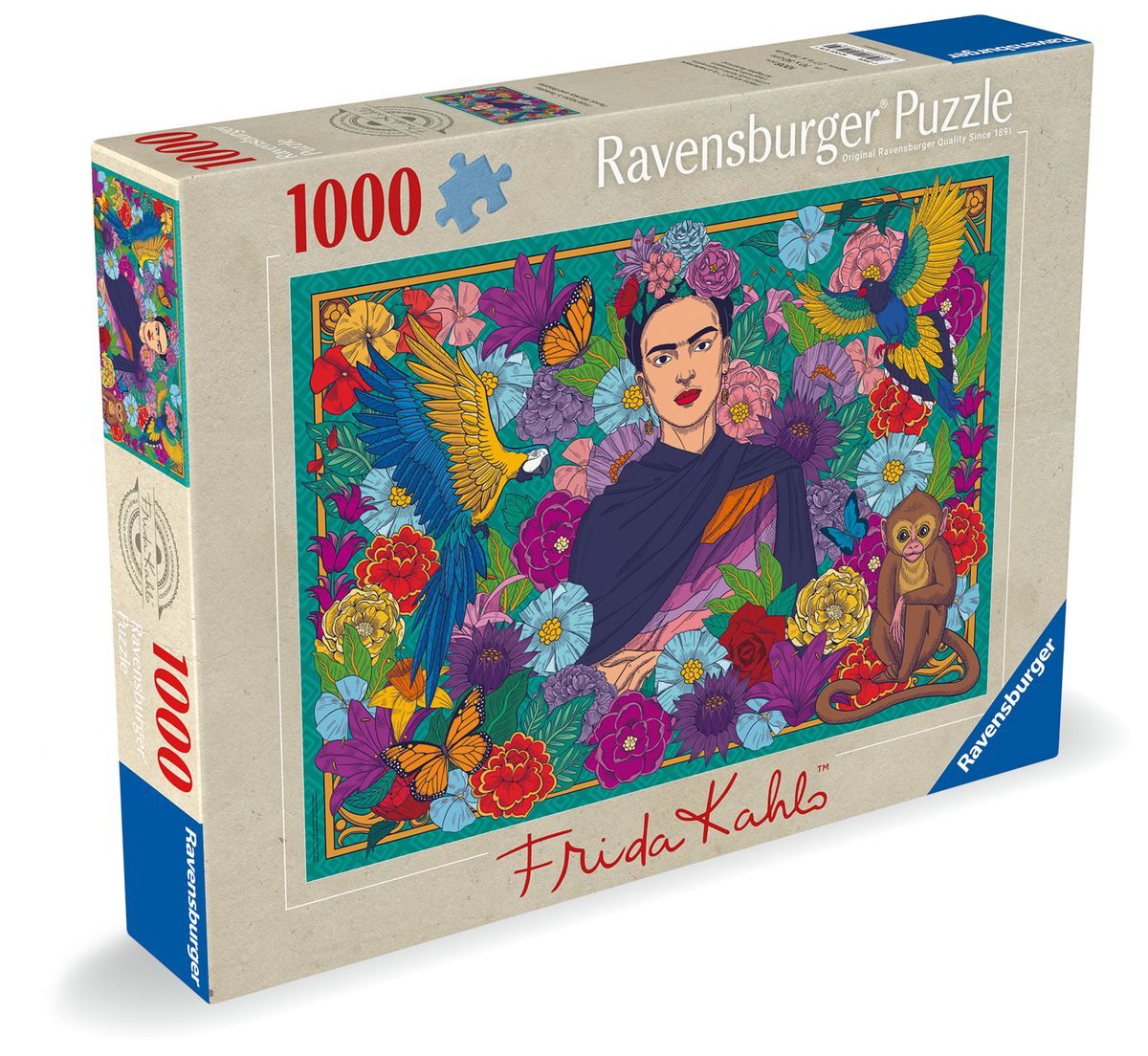 פאזל 1000 חל'- איור: פרידה קאלו מוקפת פריחה, תוכים וקופים.