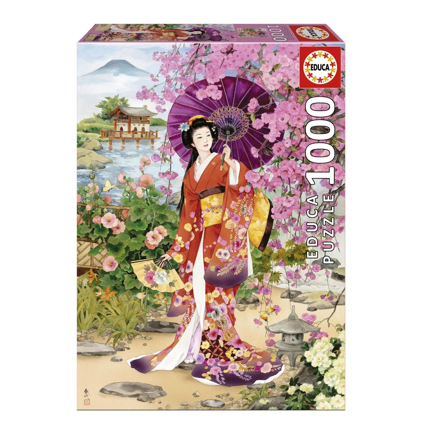 פאזל 1000 חל' - יפנית מסורתית מוקפת פרחים