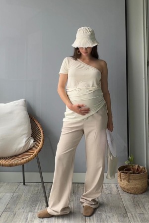 מכנס הריון מחויט בגזרה ישרה | שמנת