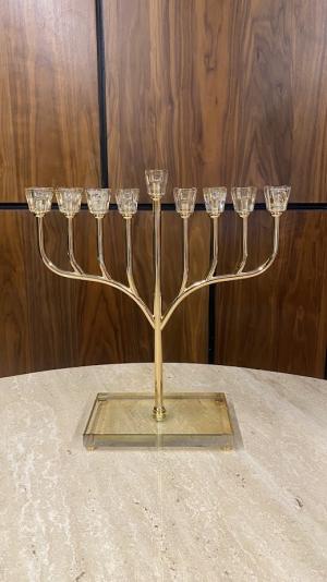 חנוכיית מתכת בשילוב קני קריסטל דגם "קני זהב" + ברכון מתנה