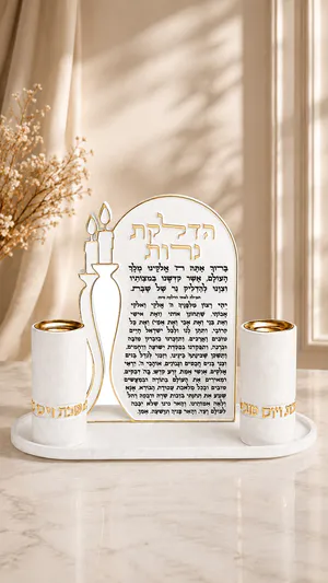 סט פולימר בטון מגש עם ברכת הדלקת נרות וזוג פמוטים מהודרים זהב