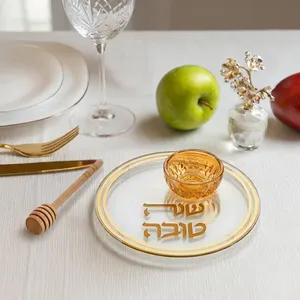 צלחת זכוכית לדבש עם הדפסה זהב