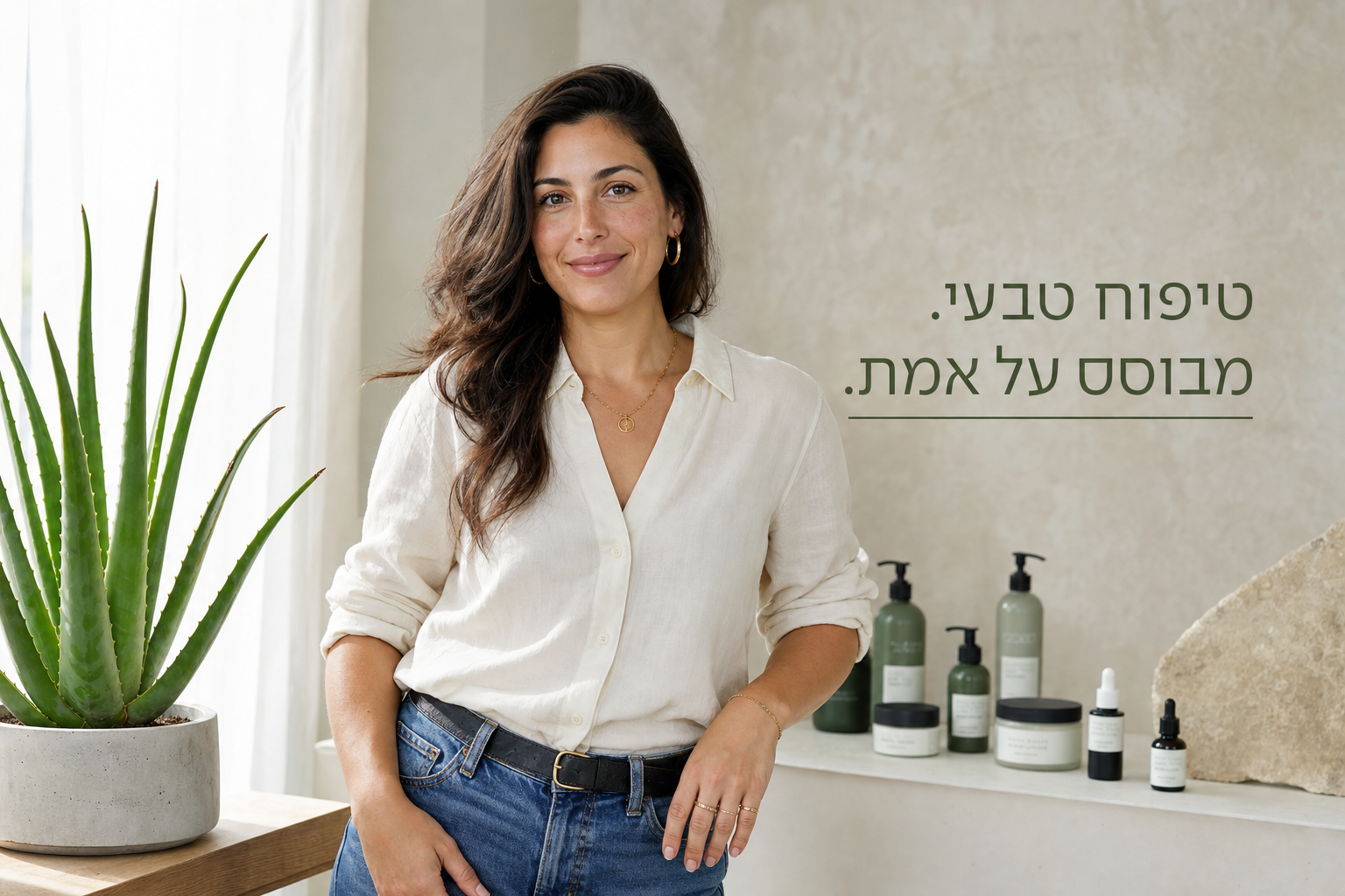 דבי אדרי מחייכת בעדינות לצד צמח אלוורה בחלל בהיר ונעים